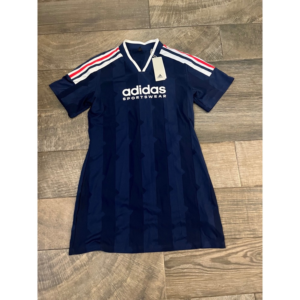 Adidas Sportswear Navy Blue Jersey Dress Red White Stripes V-Neck Mini Size M